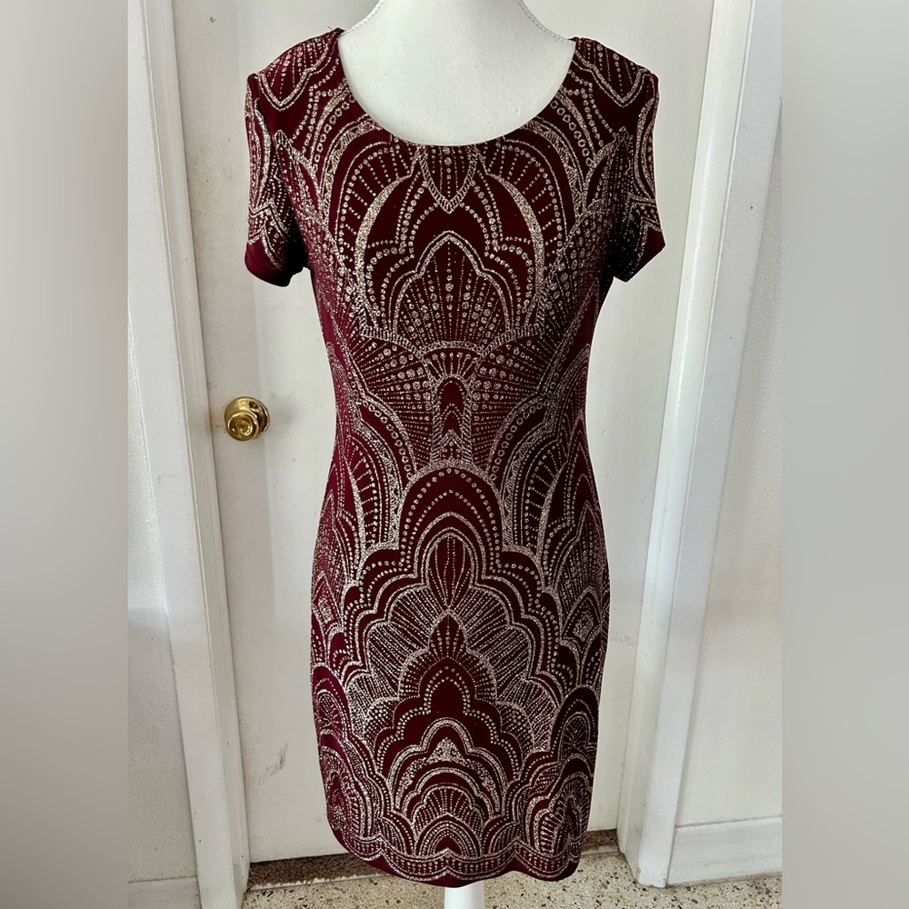 Elegant Burgundy and Gold Patterned Dress